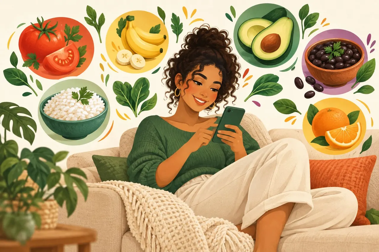 Mulher sorrindo no sofá enquanto usa o celular, cercada por alimentos coloridos