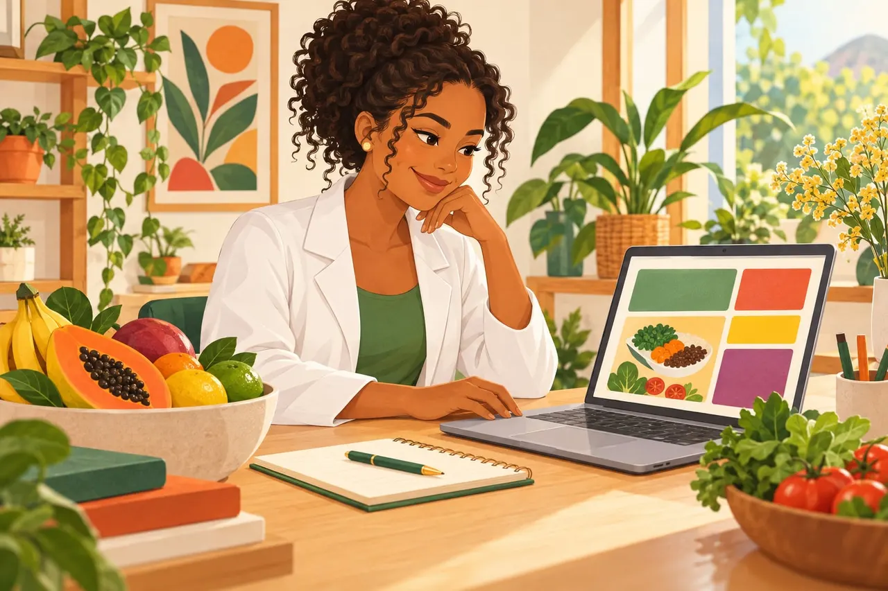 Nutricionista de jaleco revisando um plano alimentar no notebook