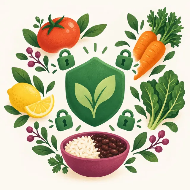 Escudo com uma folha no centro, cercado por cadeados e alimentos