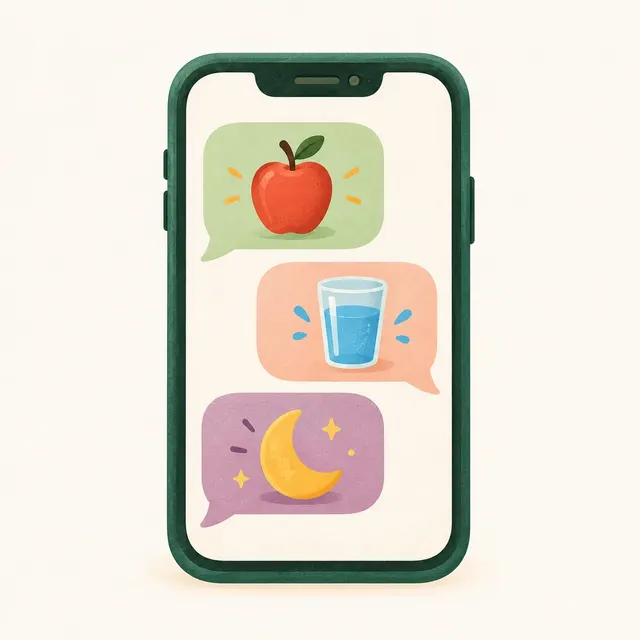 Celular com uma conversa em balões com ícones de maçã, copo d'água e lua