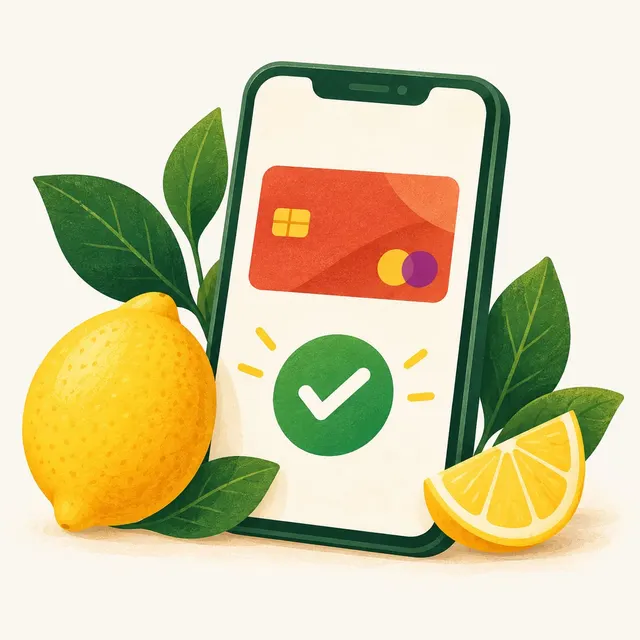 Celular com um cartão e um sinal de confirmação, cercado por limões e folhas