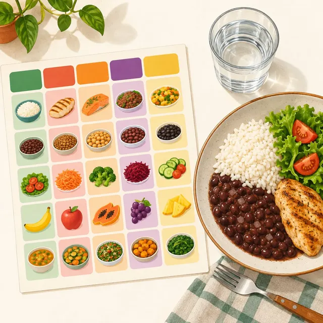 Plano alimentar ilustrado ao lado de um prato de arroz, feijão, salada e frango